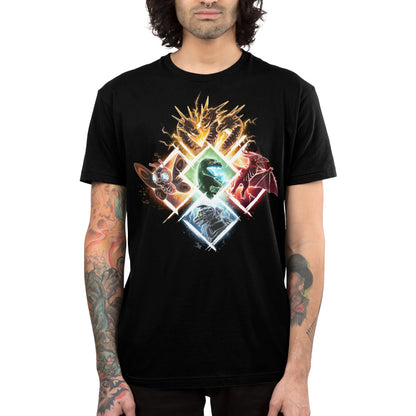 Premium Cotton T-shirt_TeeTurtle black Kaiju Vortex apparel featuring King Ghidorah, Mothra, Godzilla, Rodan, and Mechagodzilla in diamond-shaped frames grouped together to form a large diamond.