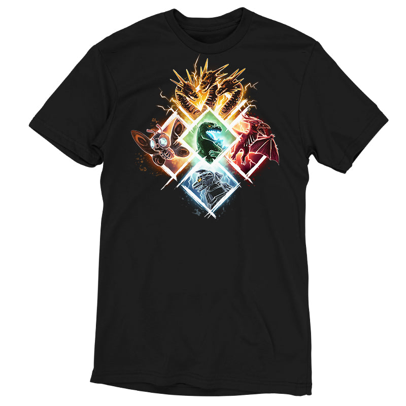Premium Cotton T-shirt_TeeTurtle black Kaiju Vortex apparel featuring King Ghidorah, Mothra, Godzilla, Rodan, and Mechagodzilla in diamond-shaped frames grouped together to form a large diamond.