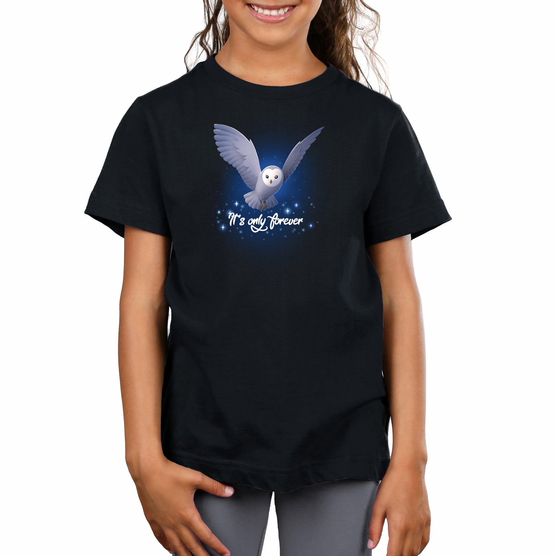 Premium Cotton T-shirt_TeeTurtle black It's Only Forever apparel featuring Jareth the Goblin King from the Labyrinth as a barn owl with its wings extended, and the caption in script, “It's Only Forever“.