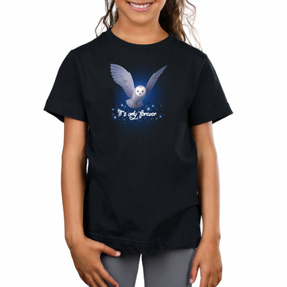 Premium Cotton T-shirt_TeeTurtle black It's Only Forever apparel featuring Jareth the Goblin King from the Labyrinth as a barn owl with its wings extended, and the caption in script, “It's Only Forever“.
