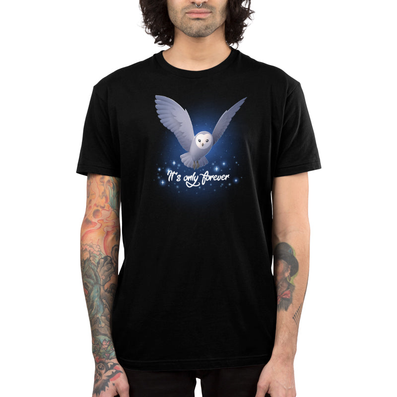 Premium Cotton T-shirt_TeeTurtle black It's Only Forever apparel featuring Jareth the Goblin King from the Labyrinth as a barn owl with its wings extended, and the caption in script, “It's Only Forever“.