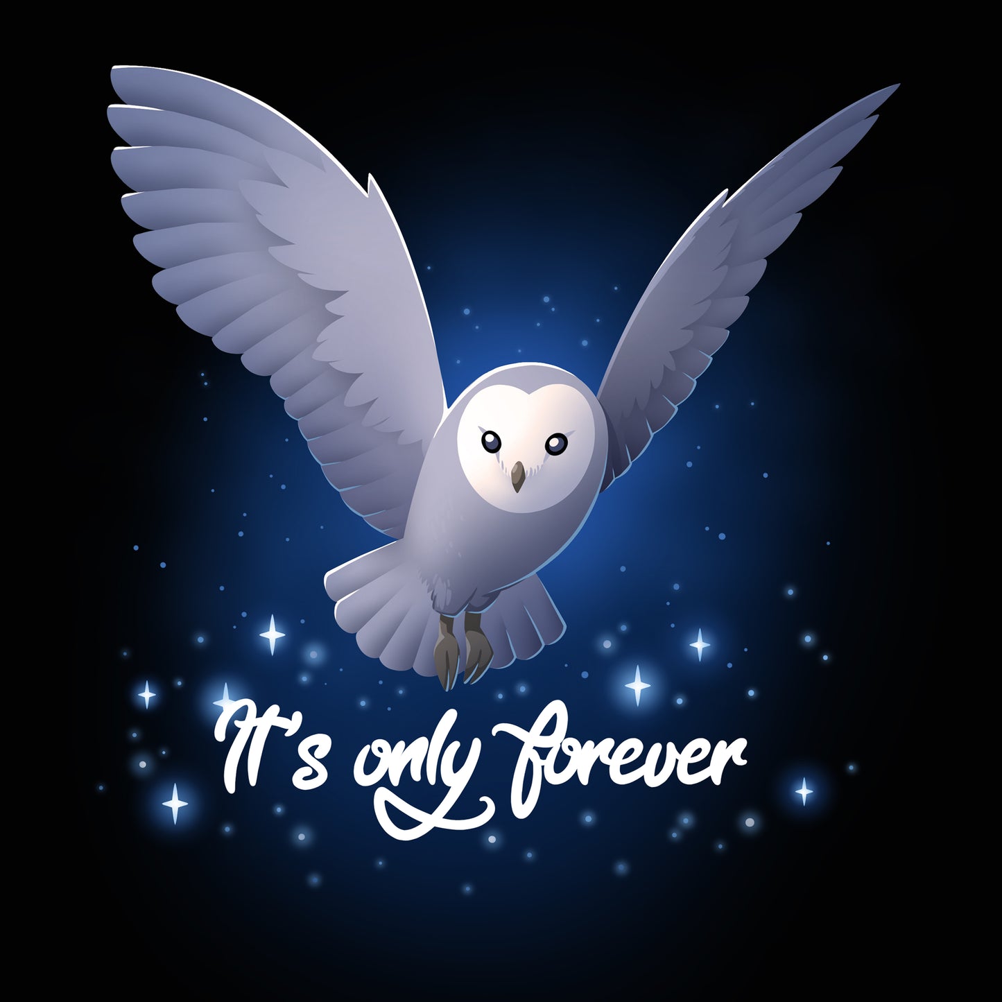 Premium Cotton T-shirt_TeeTurtle black It's Only Forever apparel featuring Jareth the Goblin King from the Labyrinth as a barn owl with its wings extended, and the caption in script, “It's Only Forever“.