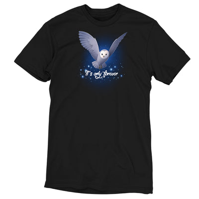 Premium Cotton T-shirt_TeeTurtle black It's Only Forever apparel featuring Jareth the Goblin King from the Labyrinth as a barn owl with its wings extended, and the caption in script, “It's Only Forever“.