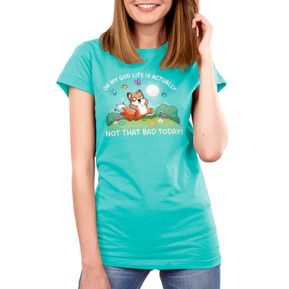 Premium Cotton T-shirt_TeeTurtle Caribbean blue Life Is Not That Bad Today apparel featuring an anxious fox with bags under its wide eyes running in a meadow with colorful flowers and butterflies, with the caption, “Oh My God Life is Actually, Not That Bad Today!“.