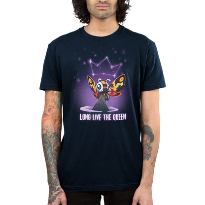 Premium Cotton T-shirt_TeeTurtle navy blue Long Live The Queen apparel featuring Mothra perched on a mountain peak with a constellation of stars forming a crown above her head, with the caption, “Long Live The Queen“ at the bottom.