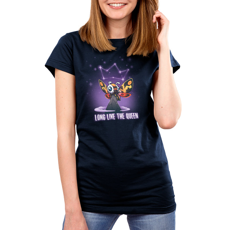 Premium Cotton T-shirt_TeeTurtle navy blue Long Live The Queen apparel featuring Mothra perched on a mountain peak with a constellation of stars forming a crown above her head, with the caption, “Long Live The Queen“ at the bottom.