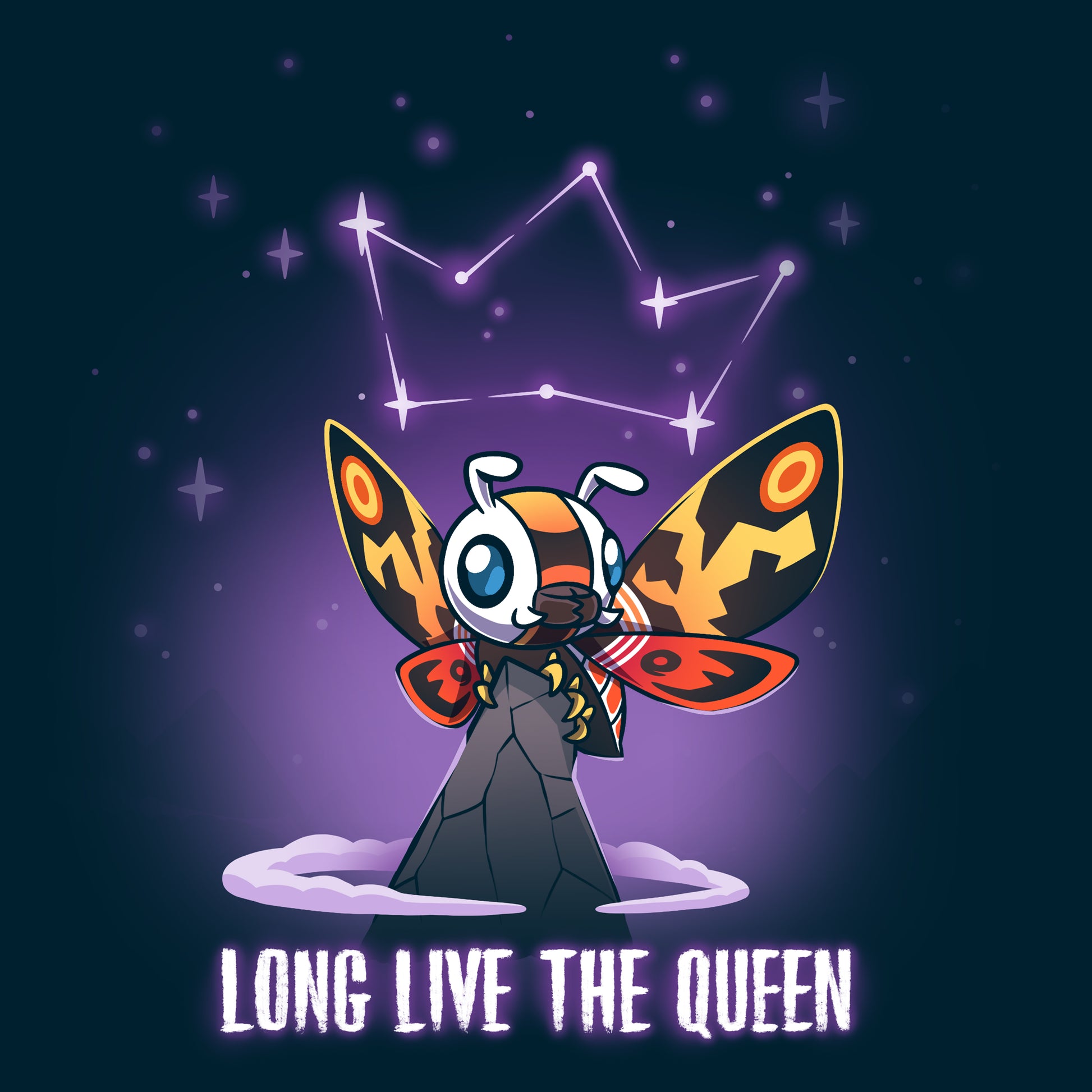 Premium Cotton T-shirt_TeeTurtle navy blue Long Live The Queen apparel featuring Mothra perched on a mountain peak with a constellation of stars forming a crown above her head, with the caption, “Long Live The Queen“ at the bottom.