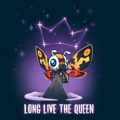 Premium Cotton T-shirt_TeeTurtle navy blue Long Live The Queen apparel featuring Mothra perched on a mountain peak with a constellation of stars forming a crown above her head, with the caption, “Long Live The Queen“ at the bottom.