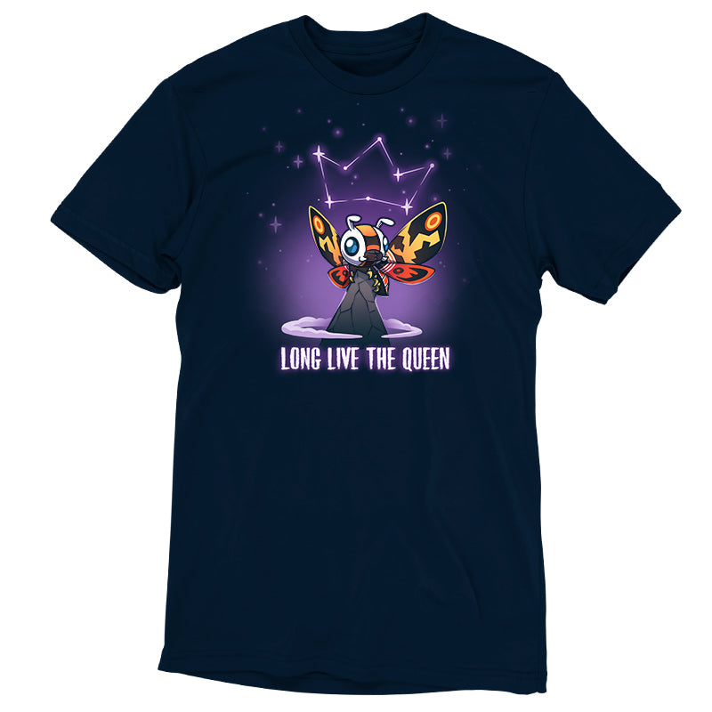 Premium Cotton T-shirt_TeeTurtle navy blue Long Live The Queen apparel featuring Mothra perched on a mountain peak with a constellation of stars forming a crown above her head, with the caption, “Long Live The Queen“ at the bottom.