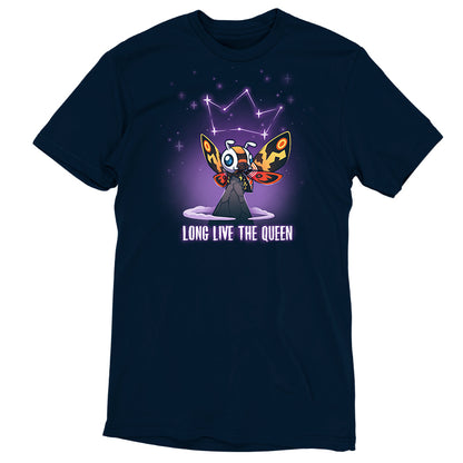 Premium Cotton T-shirt_TeeTurtle navy blue Long Live The Queen apparel featuring Mothra perched on a mountain peak with a constellation of stars forming a crown above her head, with the caption, “Long Live The Queen“ at the bottom.
