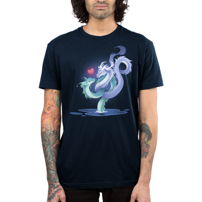 Premium Cotton T-shirt_TeeTurtle navy blue Love Entwined apparel featuring two entwined dragons emerging from a lake.