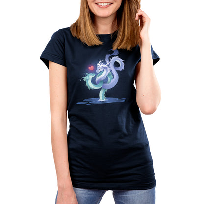 Premium Cotton T-shirt_TeeTurtle navy blue Love Entwined apparel featuring two entwined dragons emerging from a lake.