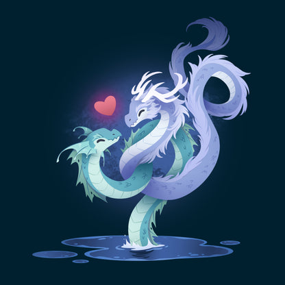 Premium Cotton T-shirt_TeeTurtle navy blue Love Entwined apparel featuring two entwined dragons emerging from a lake.