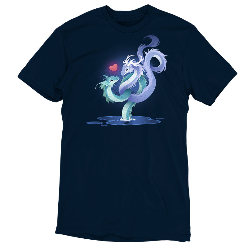 Premium Cotton T-shirt_TeeTurtle navy blue Love Entwined apparel featuring two entwined dragons emerging from a lake.