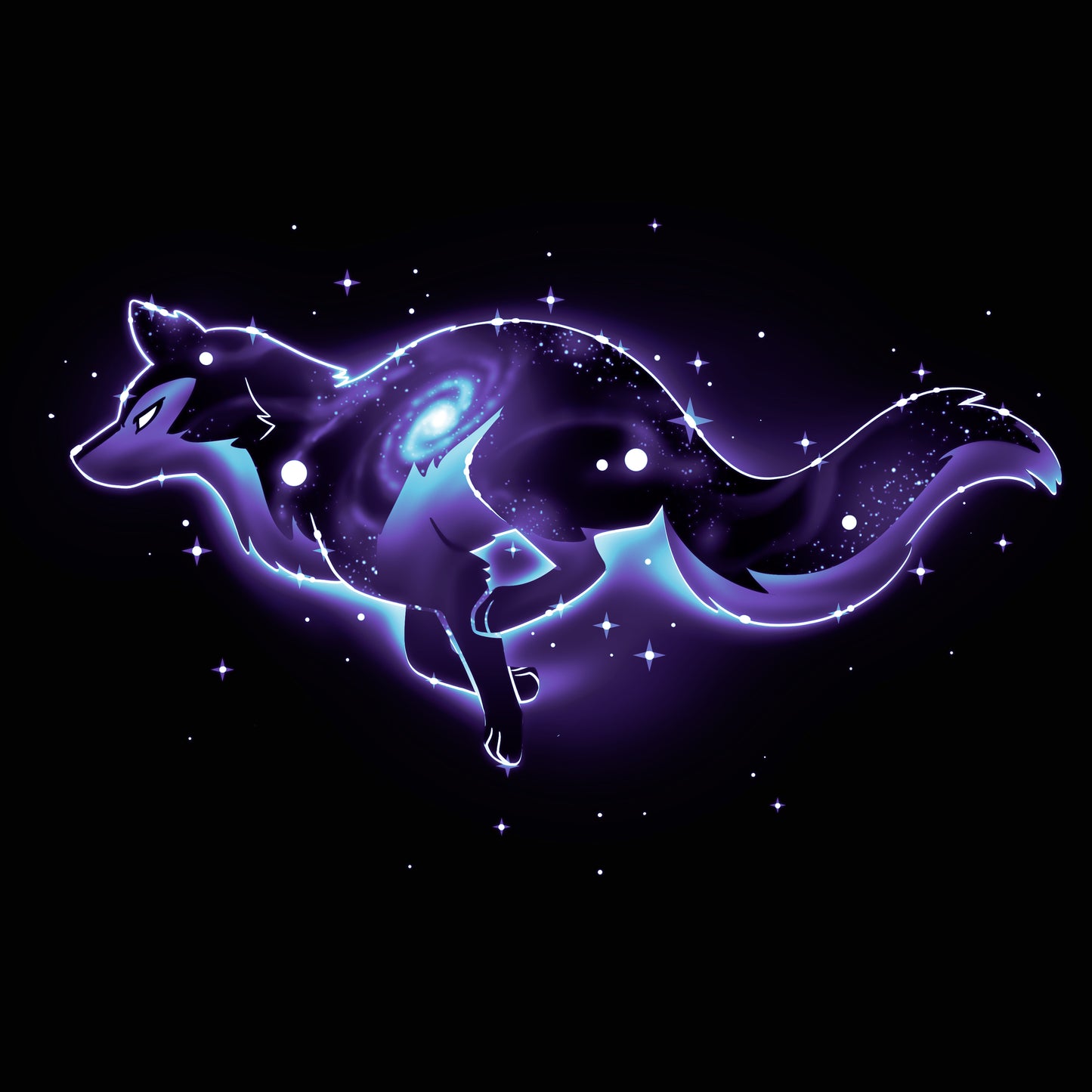 Premium Cotton T-shirt_TeeTurtle Lupine Constellation black t-shirt featuring an outline of a wolf that has a constellation inside of it. The wolf is in space surrounded by stars. 