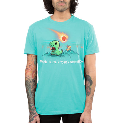 Premium Cotton T-shirt_TeeTurtle Caribbean blue Maybe I’ll Talk To Her Tomorrow apparel featuring a shy t-rex holding a rose hiding away from a t-rex with a flower in its head with a meteor falling to the ground in the distance.