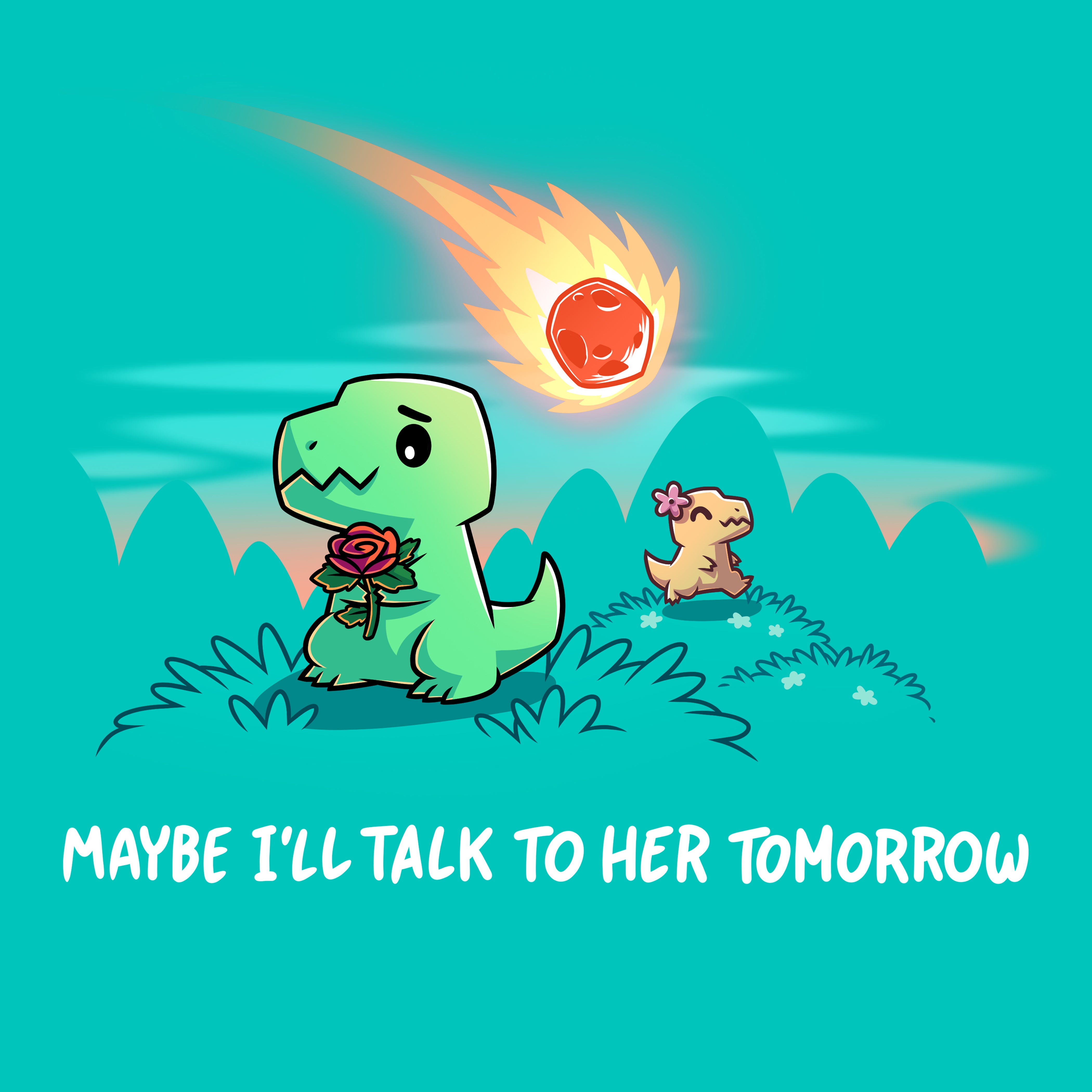 Premium Cotton T-shirt_TeeTurtle Caribbean blue Maybe I’ll Talk To Her Tomorrow apparel featuring a shy t-rex holding a rose hiding away from a t-rex with a flower in its head with a meteor falling to the ground in the distance.