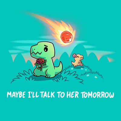Premium Cotton T-shirt_TeeTurtle Caribbean blue Maybe I’ll Talk To Her Tomorrow apparel featuring a shy t-rex holding a rose hiding away from a t-rex with a flower in its head with a meteor falling to the ground in the distance.