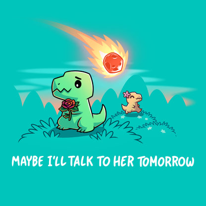 Premium Cotton T-shirt_TeeTurtle Caribbean blue Maybe I’ll Talk To Her Tomorrow apparel featuring a shy t-rex holding a rose hiding away from a t-rex with a flower in its head with a meteor falling to the ground in the distance.