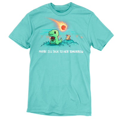 Premium Cotton T-shirt_TeeTurtle Caribbean blue Maybe I’ll Talk To Her Tomorrow apparel featuring a shy t-rex holding a rose hiding away from a t-rex with a flower in its head with a meteor falling to the ground in the distance.