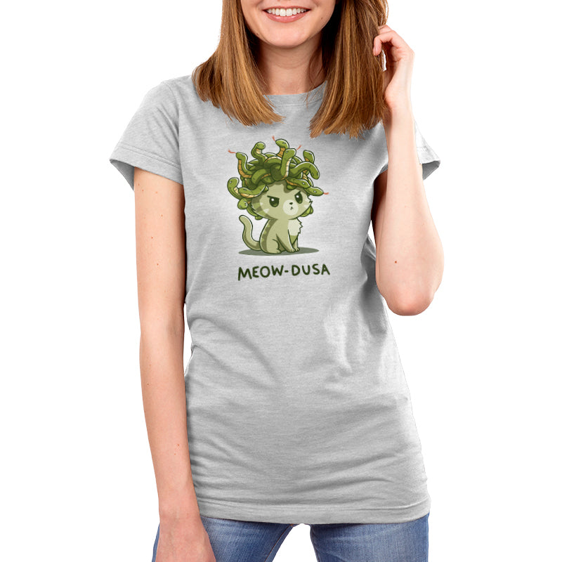 Premium Cotton T-shirt_TeeTurtle silver gray Meow-dusa apparel featuring a grumpy green cat with a nest of snakes coiled on its head, and the caption, "Meow-dusa".