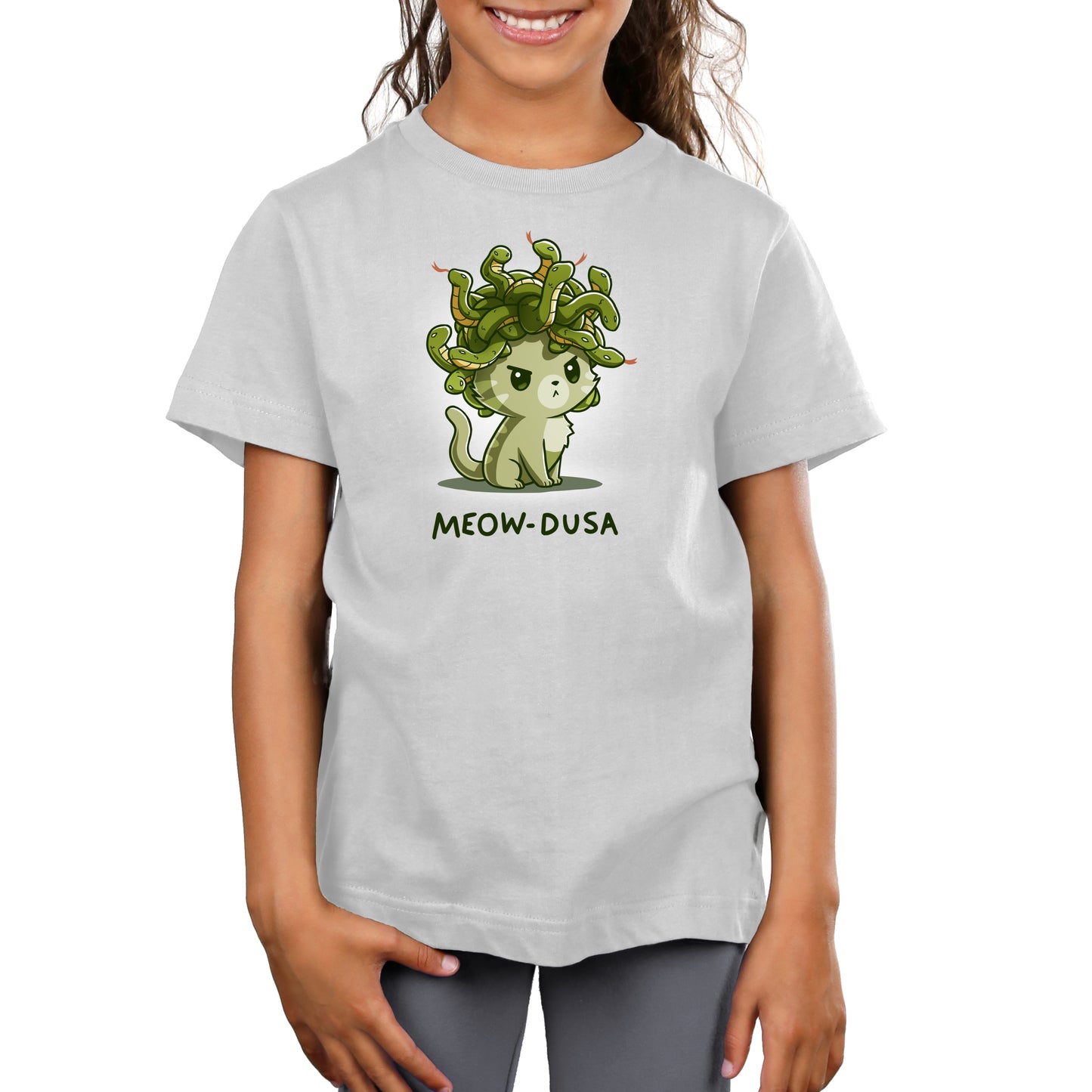 Premium Cotton T-shirt_TeeTurtle silver gray Meow-dusa apparel featuring a grumpy green cat with a nest of snakes coiled on its head, and the caption, "Meow-dusa".