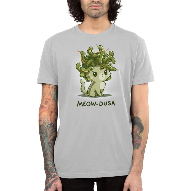 Premium Cotton T-shirt_TeeTurtle silver gray Meow-dusa apparel featuring a grumpy green cat with a nest of snakes coiled on its head, and the caption, "Meow-dusa".