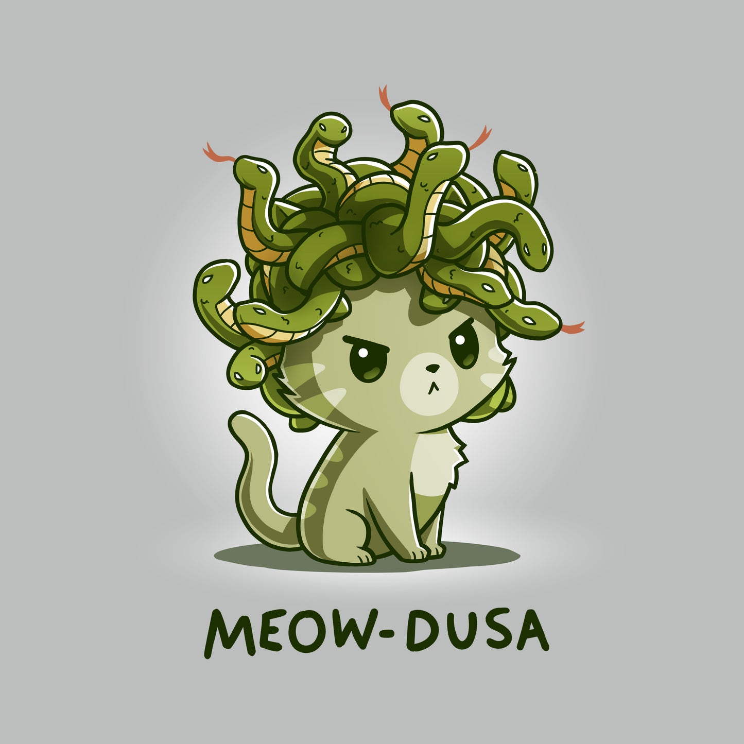 Premium Cotton T-shirt_TeeTurtle silver gray Meow-dusa apparel featuring a grumpy green cat with a nest of snakes coiled on its head, and the caption, "Meow-dusa".