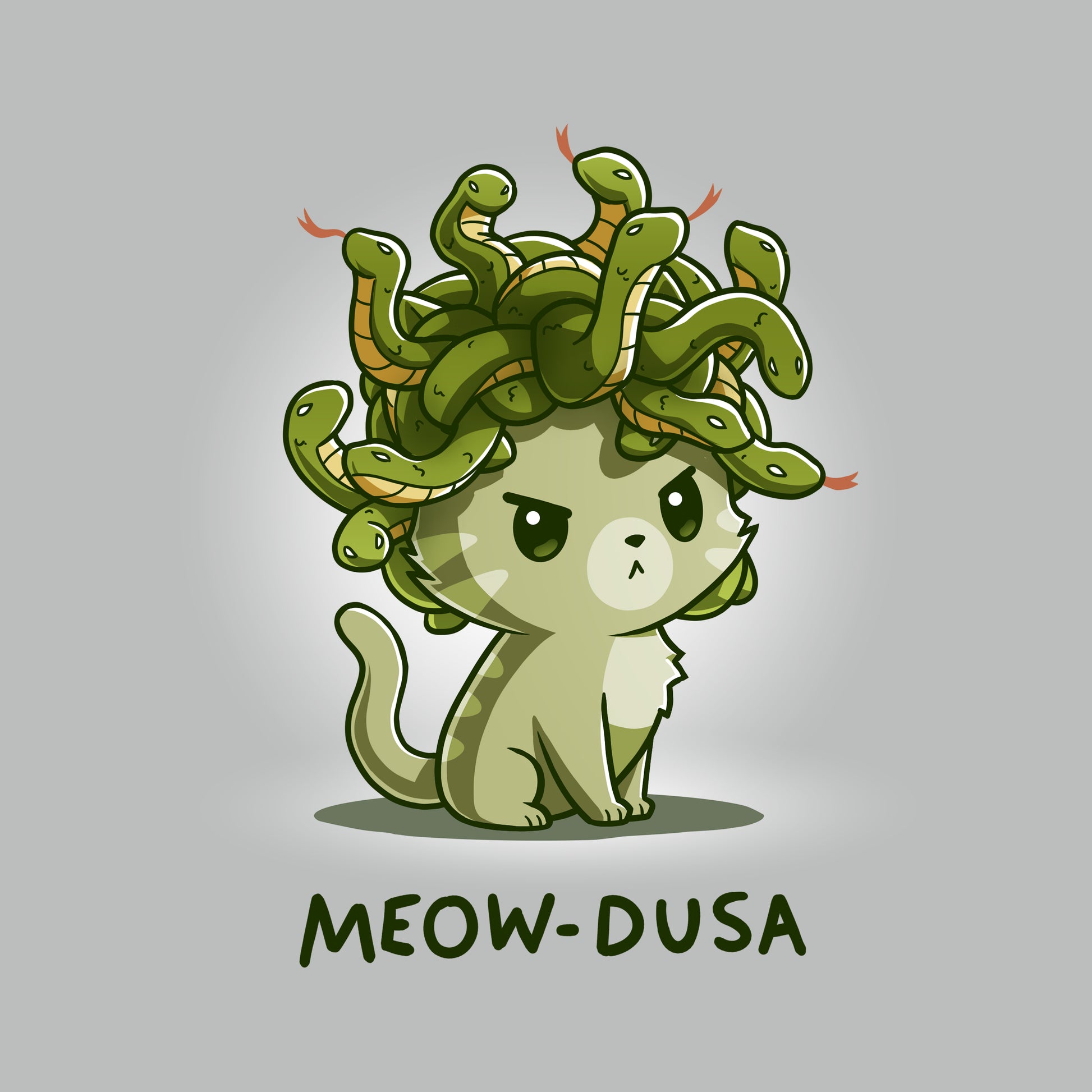 Premium Cotton T-shirt_TeeTurtle silver gray Meow-dusa apparel featuring a grumpy green cat with a nest of snakes coiled on its head, and the caption, "Meow-dusa".