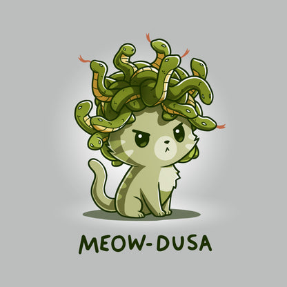 Premium Cotton T-shirt_TeeTurtle silver gray Meow-dusa apparel featuring a grumpy green cat with a nest of snakes coiled on its head, and the caption, "Meow-dusa".