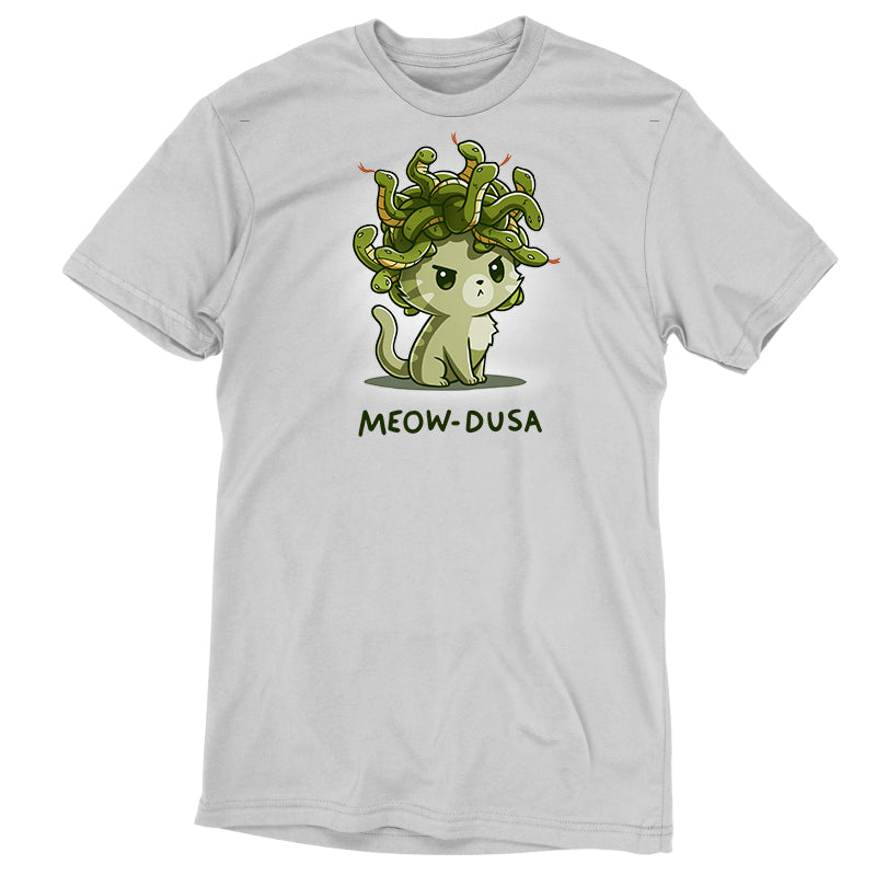 Premium Cotton T-shirt_TeeTurtle silver gray Meow-dusa apparel featuring a grumpy green cat with a nest of snakes coiled on its head, and the caption, "Meow-dusa".