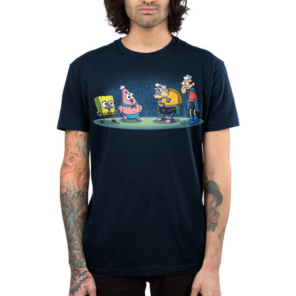 Premium Cotton T-shirt_TeeTurtle navy blue MermaidBob and BarnaclePat apparel featuring SpongeBob SquarePants in a MermaidMan costume, and Patrick Star in a BarnacleBoy costume with a surprised MermaidMan and grumpy BarnacleBoy looking at them.