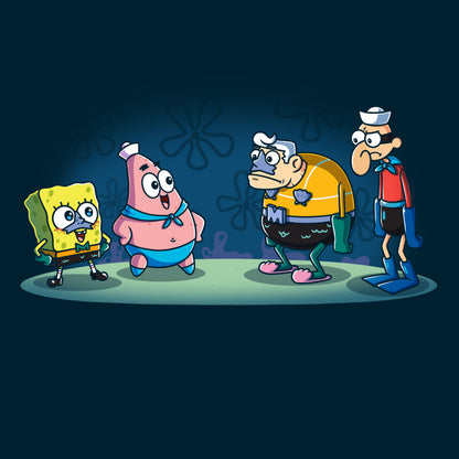 Premium Cotton T-shirt_TeeTurtle navy blue MermaidBob and BarnaclePat apparel featuring SpongeBob SquarePants in a MermaidMan costume, and Patrick Star in a BarnacleBoy costume with a surprised MermaidMan and grumpy BarnacleBoy looking at them.