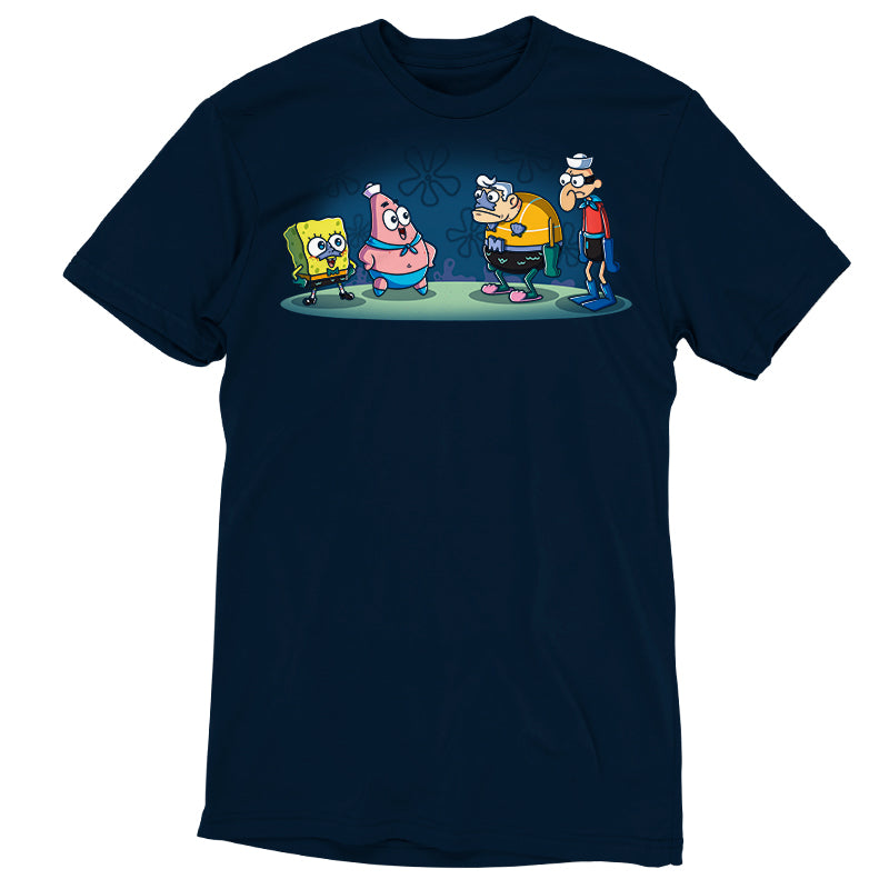 Premium Cotton T-shirt_TeeTurtle navy blue MermaidBob and BarnaclePat apparel featuring SpongeBob SquarePants in a MermaidMan costume, and Patrick Star in a BarnacleBoy costume with a surprised MermaidMan and grumpy BarnacleBoy looking at them.