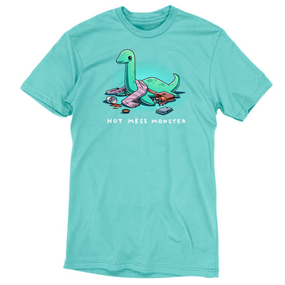 Premium Cotton T-shirt_TeeTurtle Caribbean blue Hot Mess Monster apparel featuring a sad Loch Ness Monster with melting eyeshadow, spilled coffee cup, things spilled out of its purse with its phone ringing at it.