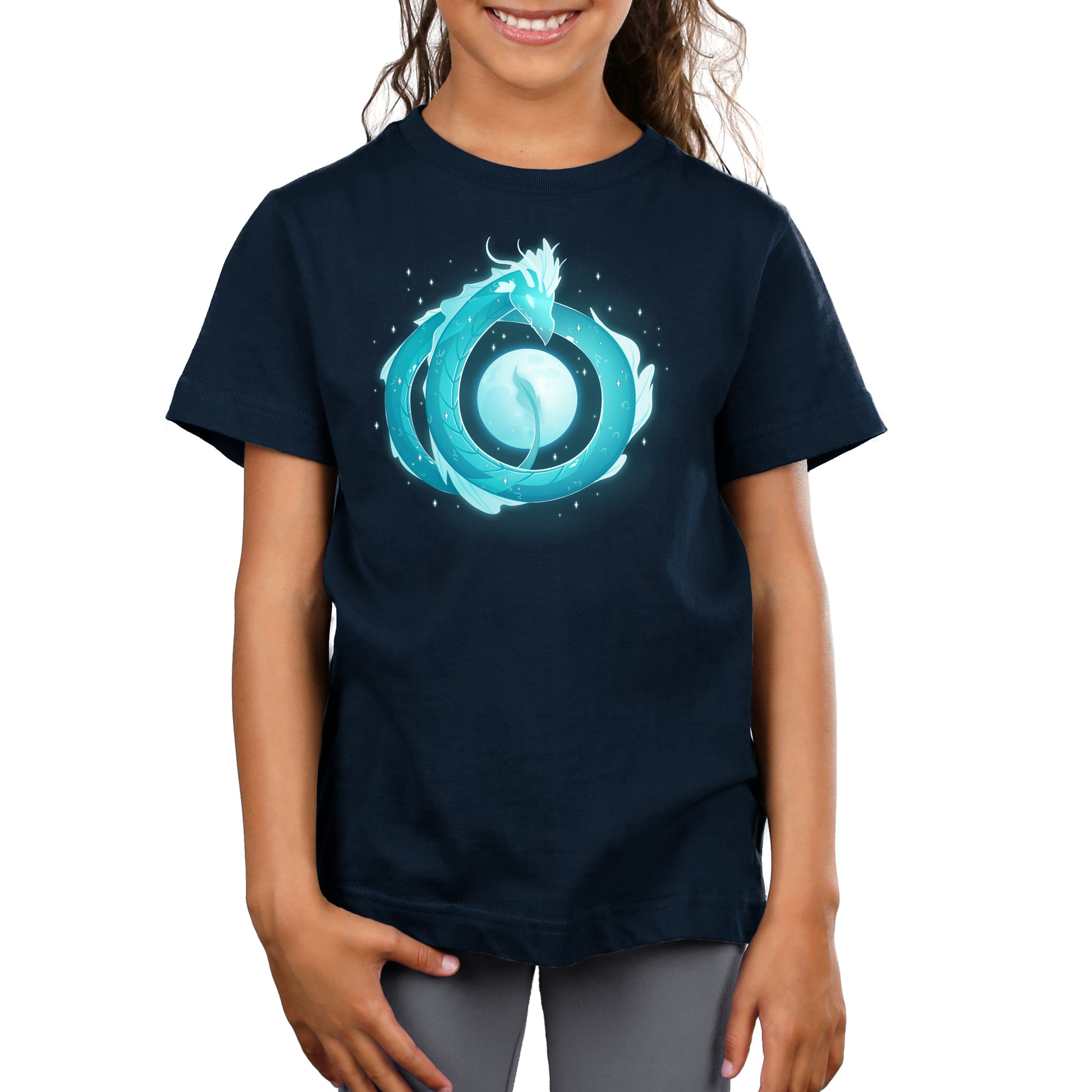 Premium Cotton T-shirt_TeeTurtle navy blue Moonshadow Drake apparel featuring a ghostly dragon coiled in the sky with the full moon showing through the circular space created by its coils.