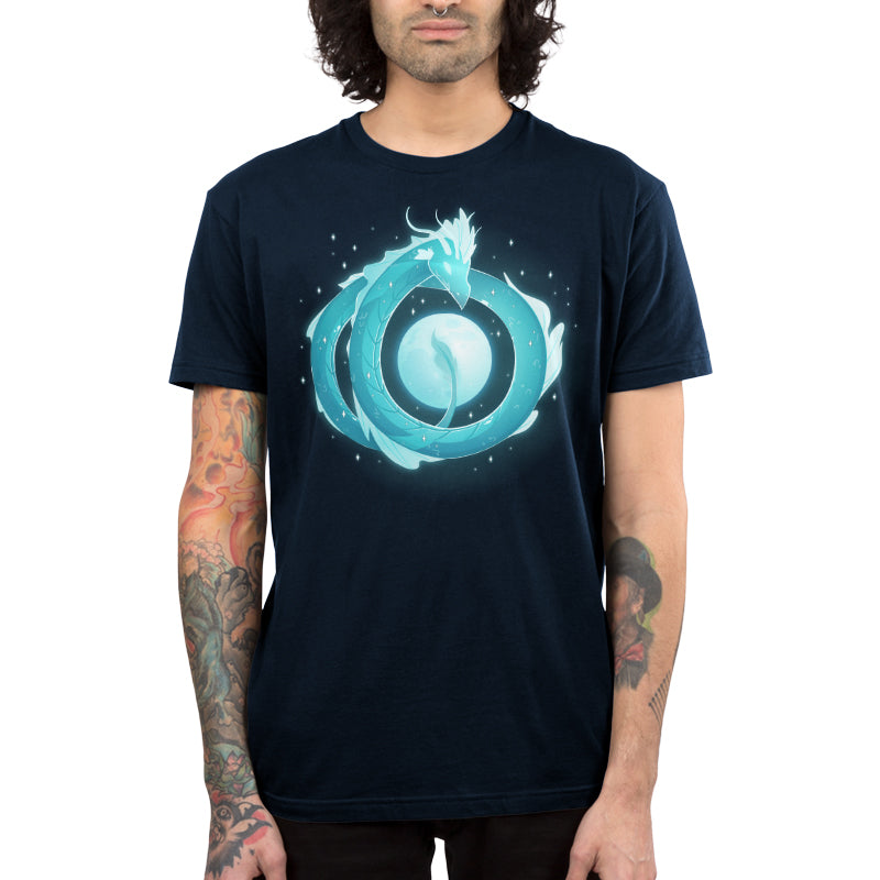 Premium Cotton T-shirt_TeeTurtle navy blue Moonshadow Drake apparel featuring a ghostly dragon coiled in the sky with the full moon showing through the circular space created by its coils.