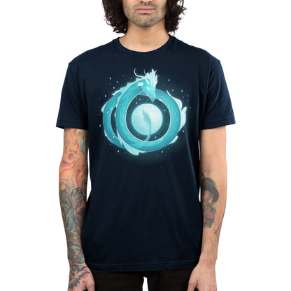 Premium Cotton T-shirt_TeeTurtle navy blue Moonshadow Drake apparel featuring a ghostly dragon coiled in the sky with the full moon showing through the circular space created by its coils.