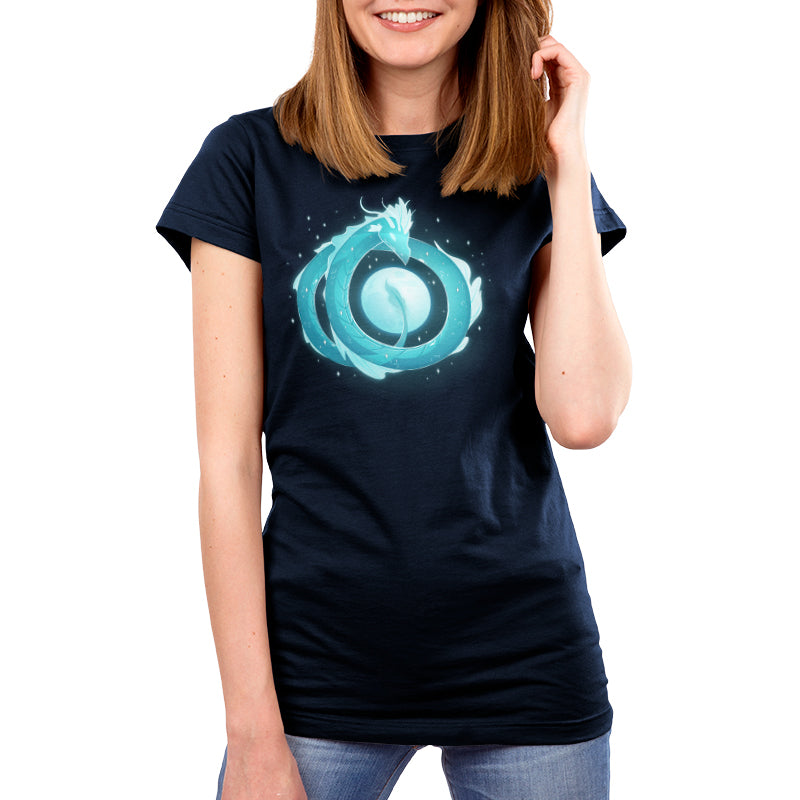Premium Cotton T-shirt_TeeTurtle navy blue Moonshadow Drake apparel featuring a ghostly dragon coiled in the sky with the full moon showing through the circular space created by its coils.