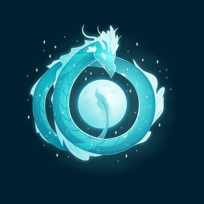 Premium Cotton T-shirt_TeeTurtle navy blue Moonshadow Drake apparel featuring a ghostly dragon coiled in the sky with the full moon showing through the circular space created by its coils.