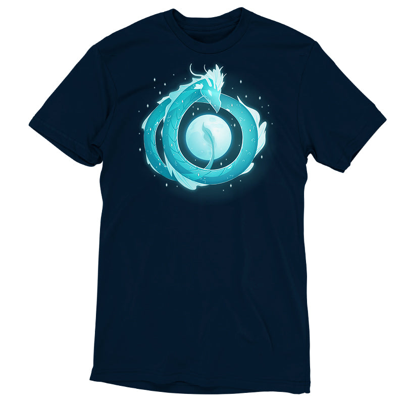 Premium Cotton T-shirt_TeeTurtle navy blue Moonshadow Drake apparel featuring a ghostly dragon coiled in the sky with the full moon showing through the circular space created by its coils.