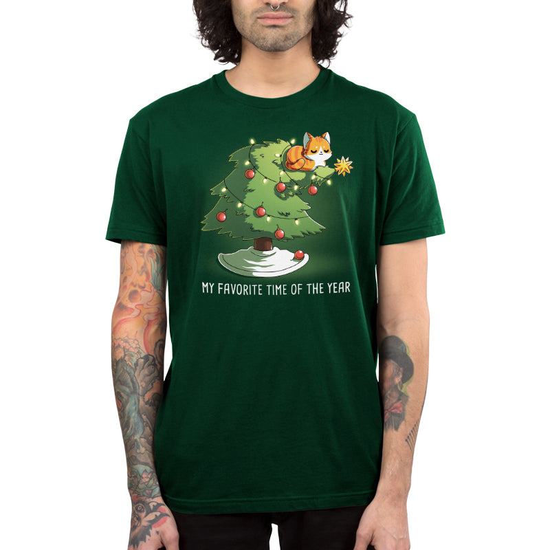 Premium Cotton T-shirt_TeeTurtle forest green My Favorite Time Of Year apparel featuring an orange tabby sitting on top of a Christmas tree that’s bending underneath its weight, with the caption, “My Favorite Time Of The Year“.