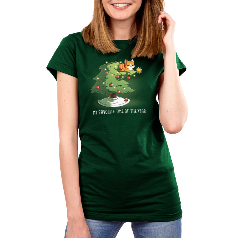 Premium Cotton T-shirt_TeeTurtle forest green My Favorite Time Of Year apparel featuring an orange tabby sitting on top of a Christmas tree that’s bending underneath its weight, with the caption, “My Favorite Time Of The Year“.