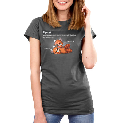 Premium Cotton T-shirt_TeeTurtle charcoal gray My Last Two Functioning Brain Cells apparel featuring a red panda named Impulse winning a fight against a red panda named Logic with a caption on top, “Figure 1.1 My Last Two Functioning Brain Cells Fighting for Dominance.“