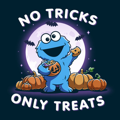 Premium Cotton T-shirt_TeeTurtle navy blue No Tricks Only Treats (Cookie Monster) apparel featuring Cookie Monster holding a cookie and a pumpkin basket of treats with pumpkins, bats, and a full moon in the background, and the caption, “No Tricks, Only Treats“.