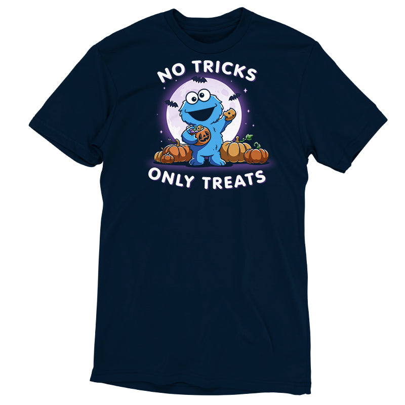 Premium Cotton T-shirt_TeeTurtle navy blue No Tricks Only Treats (Cookie Monster) apparel featuring Cookie Monster holding a cookie and a pumpkin basket of treats with pumpkins, bats, and a full moon in the background, and the caption, “No Tricks, Only Treats“.