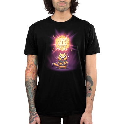 Premium Cotton T-shirt_TeeTurtle black Oh No, Not Again apparel featuring a striped orange cat in adventuring gear with a panicked expression since the giant D20 above it rolled a natural 1.