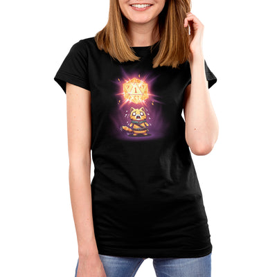 Premium Cotton T-shirt_TeeTurtle black Oh No, Not Again apparel featuring a striped orange cat in adventuring gear with a panicked expression since the giant D20 above it rolled a natural 1.