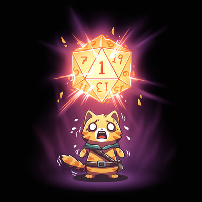 Premium Cotton T-shirt_TeeTurtle black Oh No, Not Again apparel featuring a striped orange cat in adventuring gear with a panicked expression since the giant D20 above it rolled a natural 1.