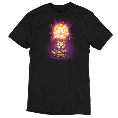 Premium Cotton T-shirt_TeeTurtle black Oh No, Not Again apparel featuring a striped orange cat in adventuring gear with a panicked expression since the giant D20 above it rolled a natural 1.